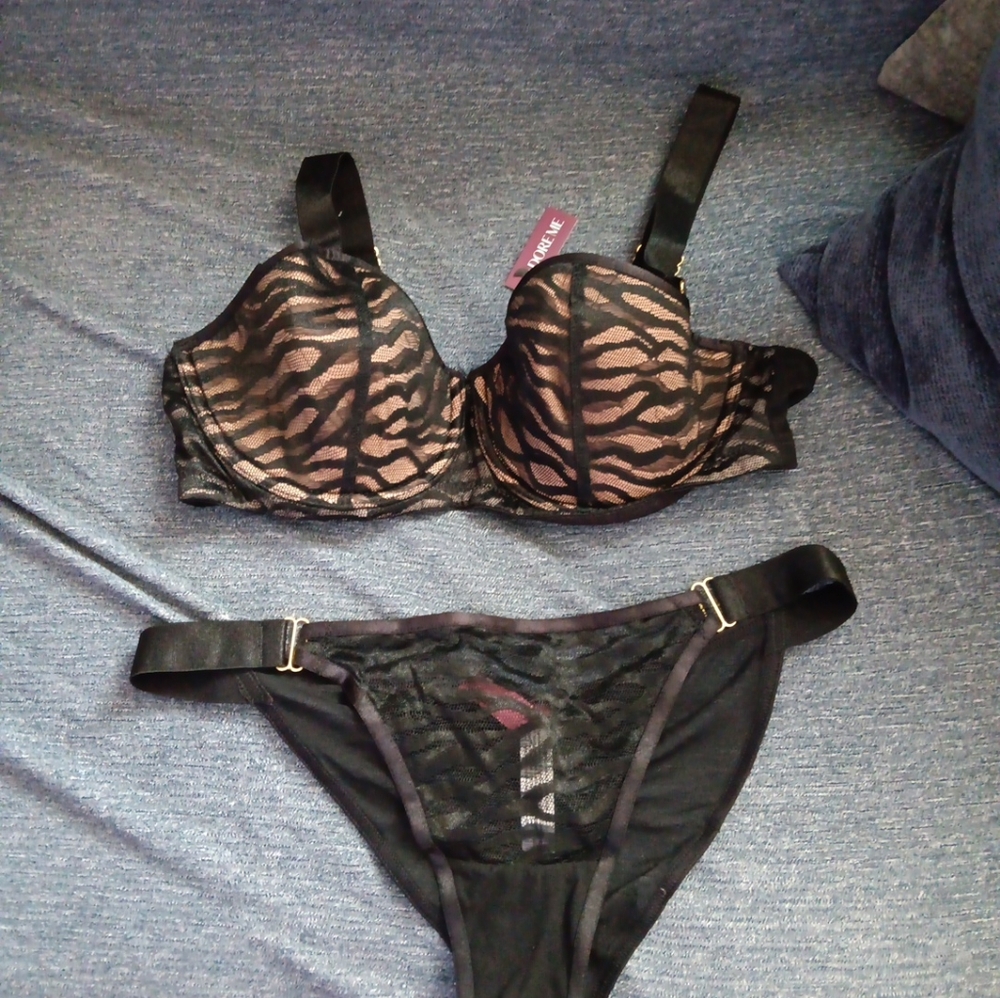 NWT Adore Me Aaliya Push Up 36D Bra/Medium Cheeky Panty Set Black